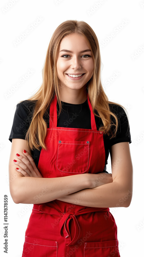 Smiling Woman in Red Apron on White Background - Perfect for Business Promotions, Culinary Blogs, and Lifestyle Websites Smiling Woman in Red Apron on White Background - Perfect for Business Promotions, Culinary Blogs, and Lifestyle Websites