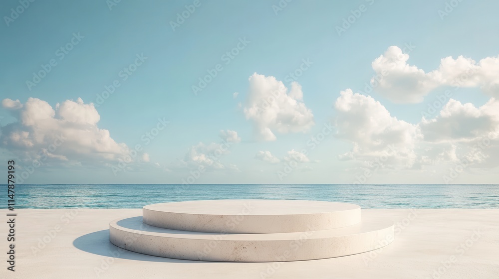 Fototapeta premium 3D white cylindrical podium with cloud on sky,cotton candy and fluffy product display background,exhibition gallery display,vector,Product presentation realistic podium,platform,space for text.