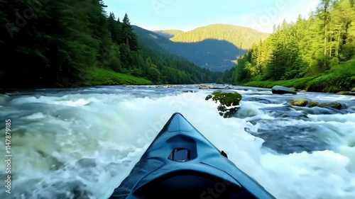 Enjoy the thrill of kayaking down a rushing river, flanked by towering mountains and vibrant trees. Experience nature's beauty during this unforgettable outdoor adventure.