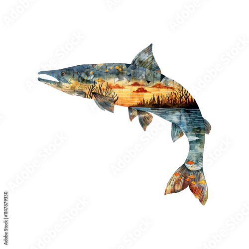 silhouette pike fish with lake scene inside vector illustration in watercolor style