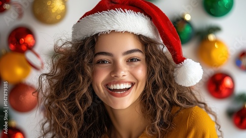 A woman wearing a festive Santa hat smiles brightly as she spreads holiday joy and cheer, with colorful decorations surrounding her on a clean white background. photo