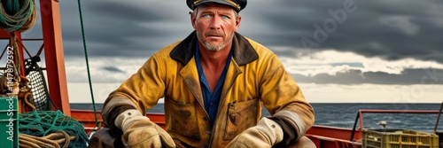 Fisherman on the deck of a fishing boat wearing a weathered yellow raincoat and captain's hat, surrounded by ropes and nets under a stormy sky. Copy space for text banner