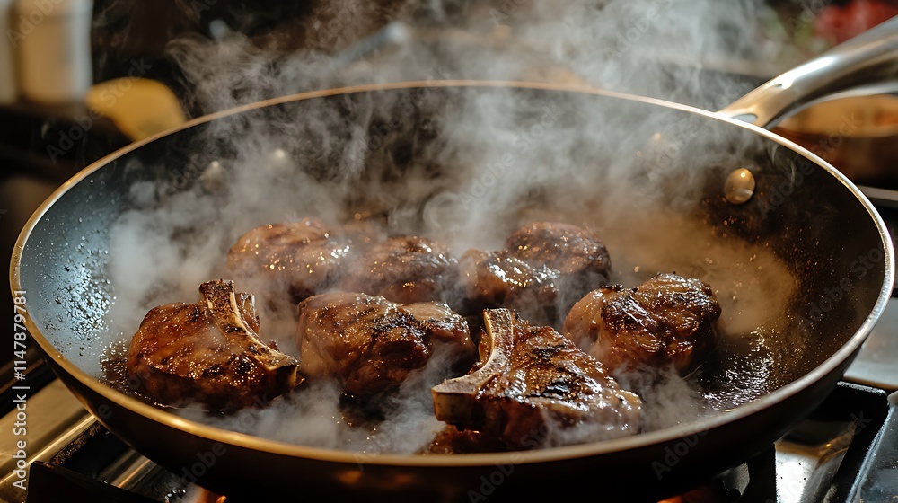 Hot pan with perfectly grilled lamb chops surrounded by steam and rich seasoning Hot pan with perfectly grilled lamb chops surrounded by steam and rich seasoning