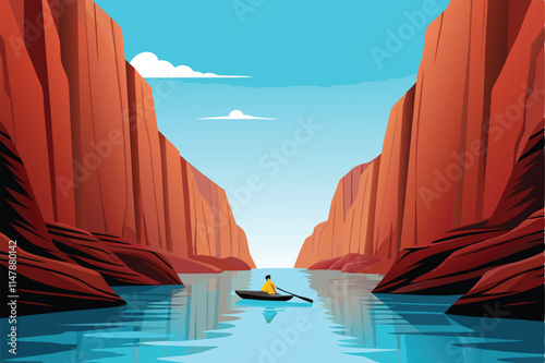 A lone kayaker serenely paddles across a tranquil river, surrounded by lush green banks and calm, reflective water.