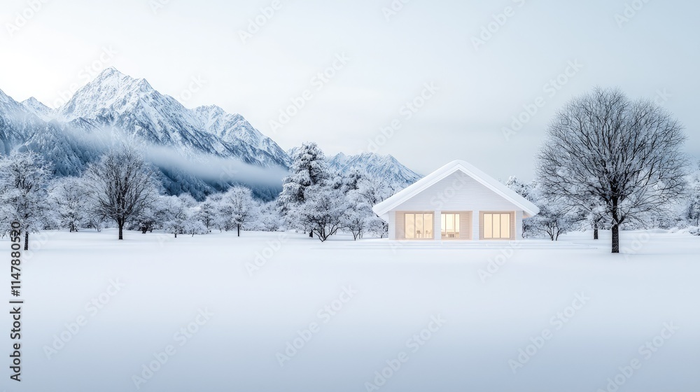 Modern house in snowy mountain landscape. Modern house in snowy mountain landscape.