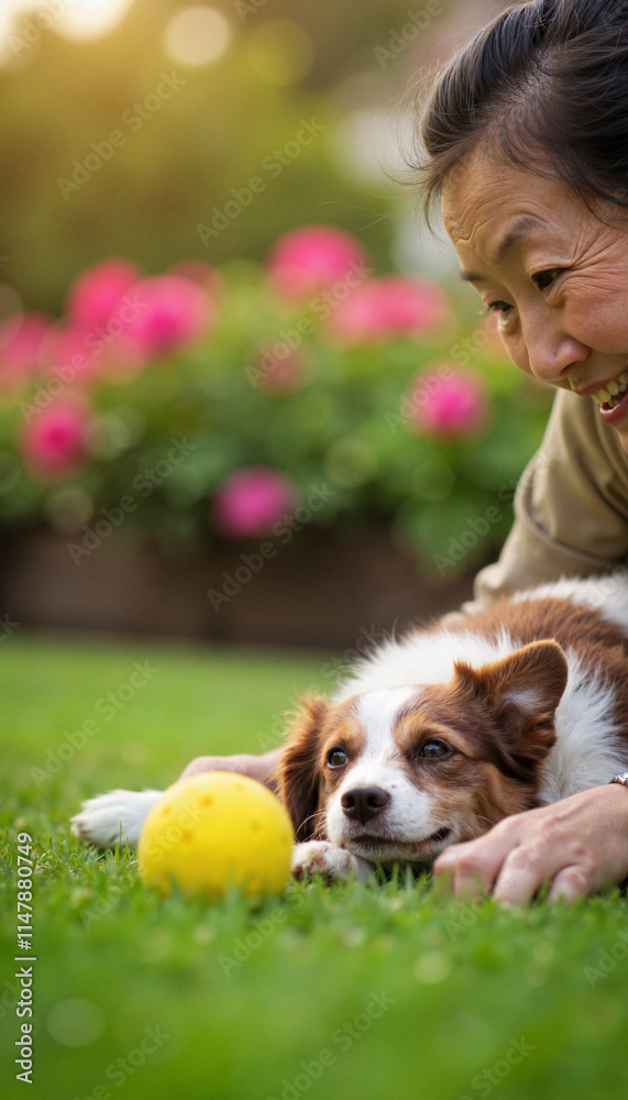 Joyful moments in the garden with a dog and a woman enjoying a sunny afternoon together Joyful moments in the garden with a dog and a woman enjoying a sunny afternoon together