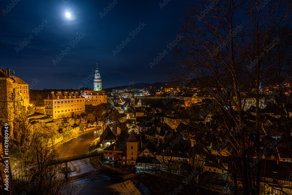 Obraz premium Vollmond Nacht schloss Krumau an Der Moldau Tschechien