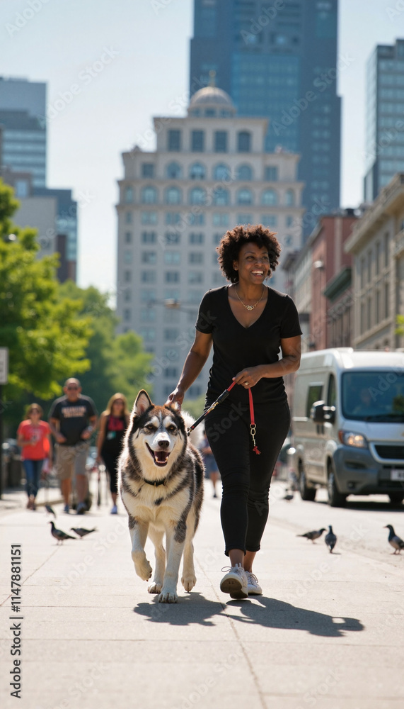 Enjoying a sunny day in the city while walking a happy dog amidst busy streets and lively pedestrians Enjoying a sunny day in the city while walking a happy dog amidst busy streets and lively pedestrians