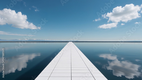 White pier stretching into calm blue water under cloudy sky