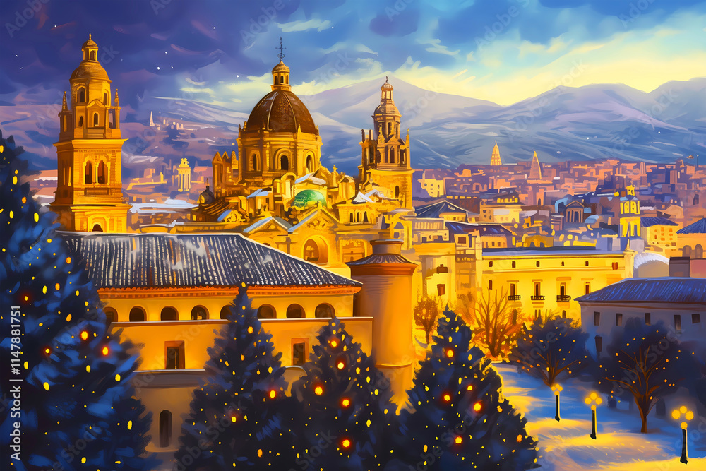 Obraz premium Artwork of landmark of Cordoba , city of Spain at christmas winter. Poster illustration of snowy travel print canvas retro art. AI