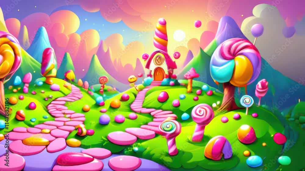 Cartoon illustration of a fantasy candy land with a pathway leading to a candy house