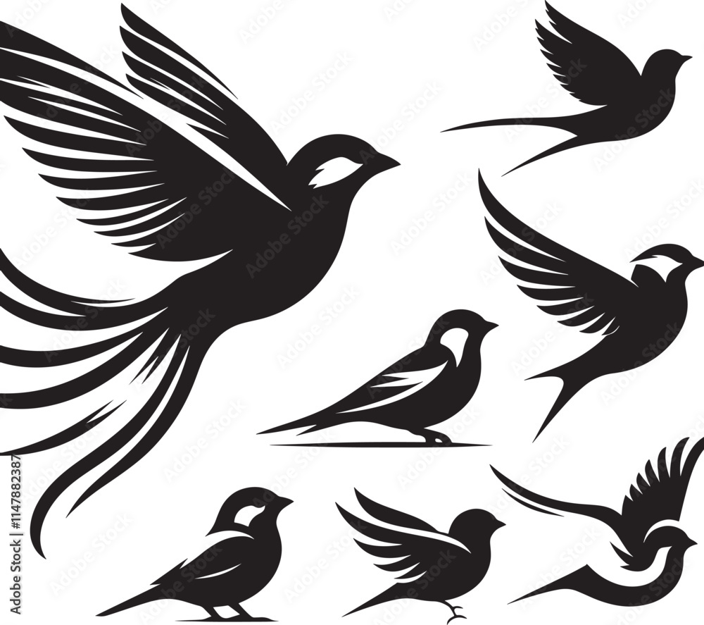 Fototapeta premium Black bird silhouettes in flight.