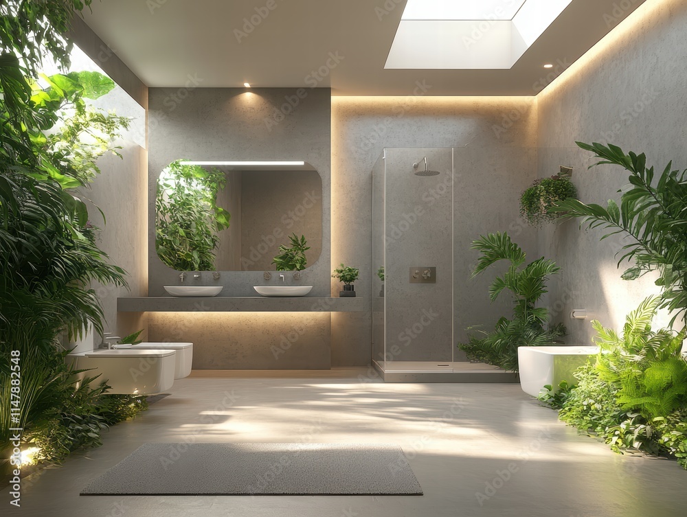 Fototapeta premium Captivating Bathroom Photography Modern Home Interior Design Lush Environment Wide Angle Serenity and Style