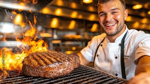 The skilled chef expertly seasons the steak with a perfect blend of herbs and spices, then sears it to a mouthwatering perfection on a sizzling hot grill in the bustling kitchen.