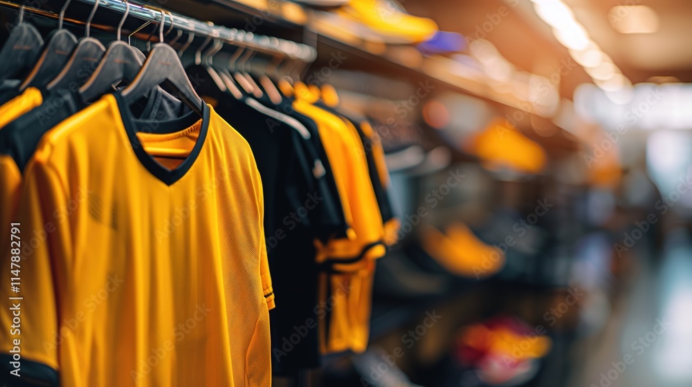 A close-up of a professional sports jersey hanging on a rack, with blurred sports equipment and shoes in the background. Sports Trade,Retail,Sports Merchandise,Consumer Culture A close-up of a professional sports jersey hanging on a rack, with blurred sports equipment and shoes in the background. Sports Trade,Retail,Sports Merchandise,Consumer Culture