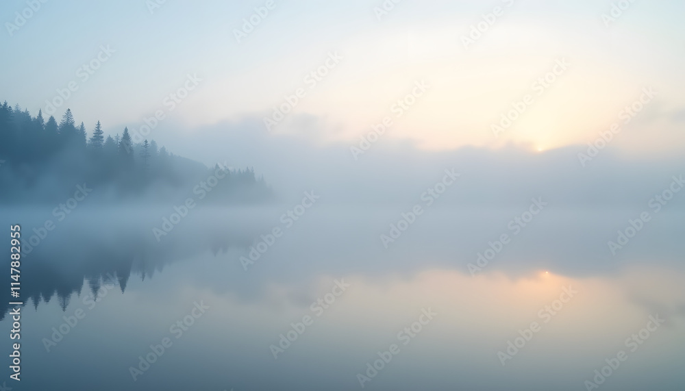 Fototapeta premium Fog over Baikal: Morning fog enveloping the surface of the lake, creating a mysterious atmosphere and soft shades.