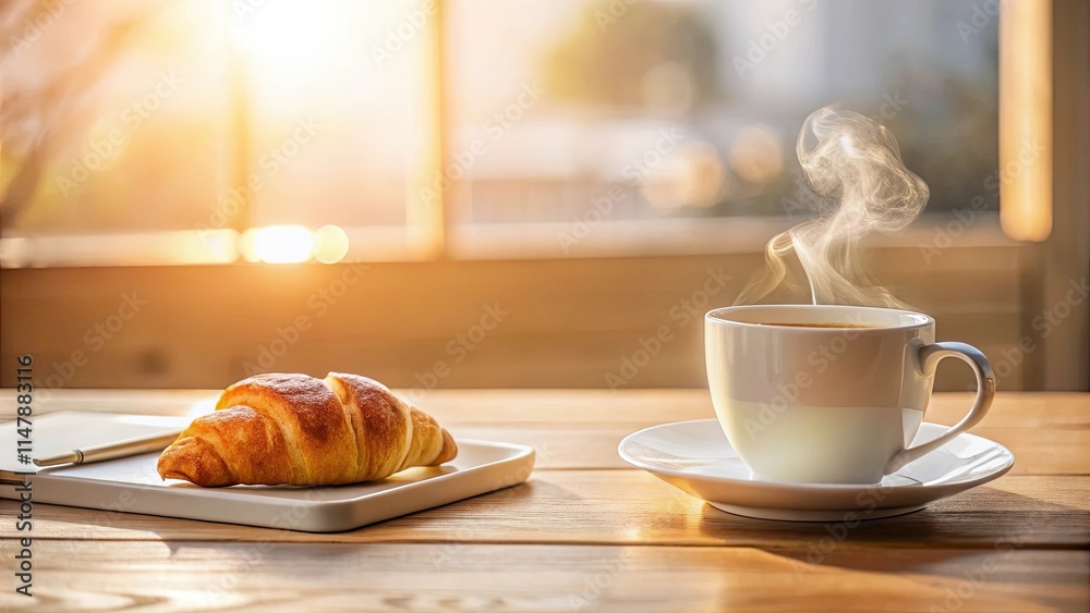 Warm Morning Light Illuminates a Simple Breakfast Scene Featuring a Delicious Croissant and a Steaming Cup of Coffee Warm Morning Light Illuminates a Simple Breakfast Scene Featuring a Delicious Croissant and a Steaming Cup of Coffee