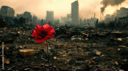 A striking macro close-up of a vibrant red flower amidst a desolate urban landscape.