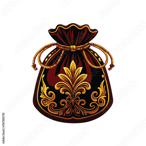 Luxurious deep-red velvet drawstring bag; intricate gold embroidery detailing, close-up view, showcasing texture and craftsmanship.