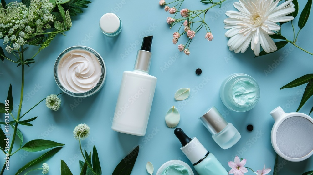 Flat lay of skincare and beauty products with floral elements Flat lay of skincare and beauty products with floral elements