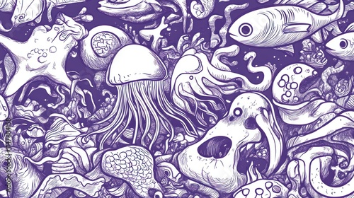 Underwater Realm: A Whimsical Deep Sea Illustration Featuring Jellyfish, Octopus, and Fish photo