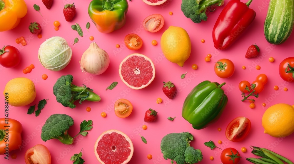 Fresh vegetables and citrus on a vibrant pink background Fresh vegetables and citrus on a vibrant pink background