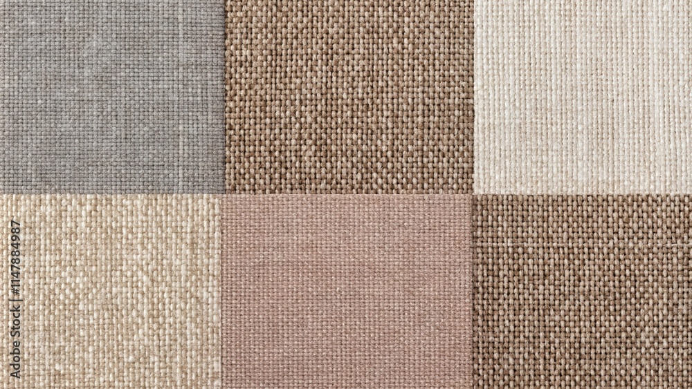 Fototapeta premium High-resolution image showcasing six diverse textile samples in a grid pattern featuring a range of neutral earth tones