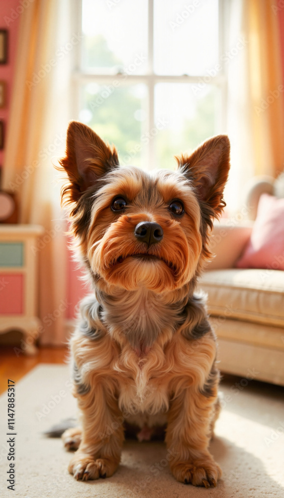 Cute dog sitting on a rug in a cozy living room during the afternoon Cute dog sitting on a rug in a cozy living room during the afternoon