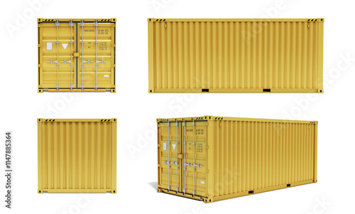 Set of views of a yellow shipping container. A realistic 20 ft cargo container with a shadow and closed doors. Isolated. Transparent background. PNG. 3D illustration