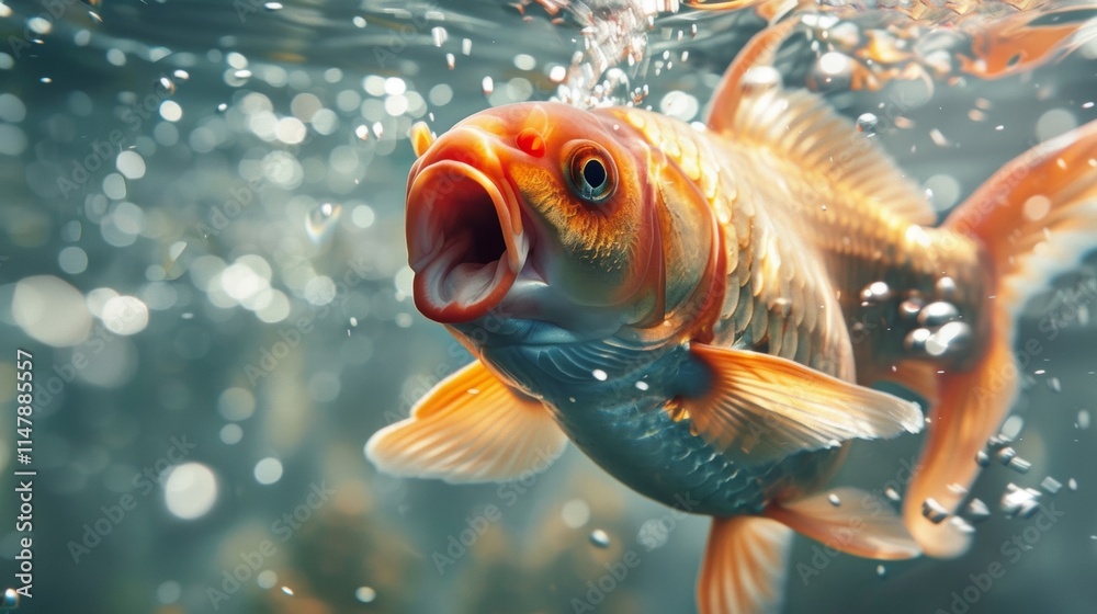 Goldfish swimming underwater with bubbles Goldfish swimming underwater with bubbles
