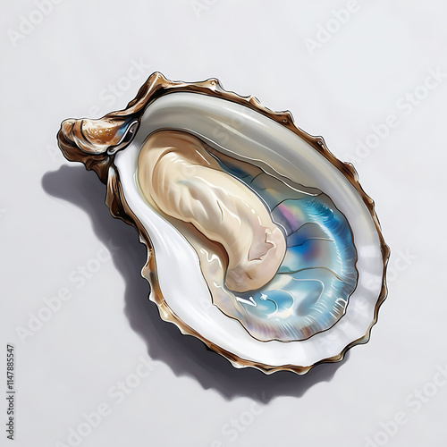 a close-up photo of an oyster shell, showing the intricate and colorful iridescent patterns inside the shell, oyster shell, iridescent shell, natural patterns, detailed textures