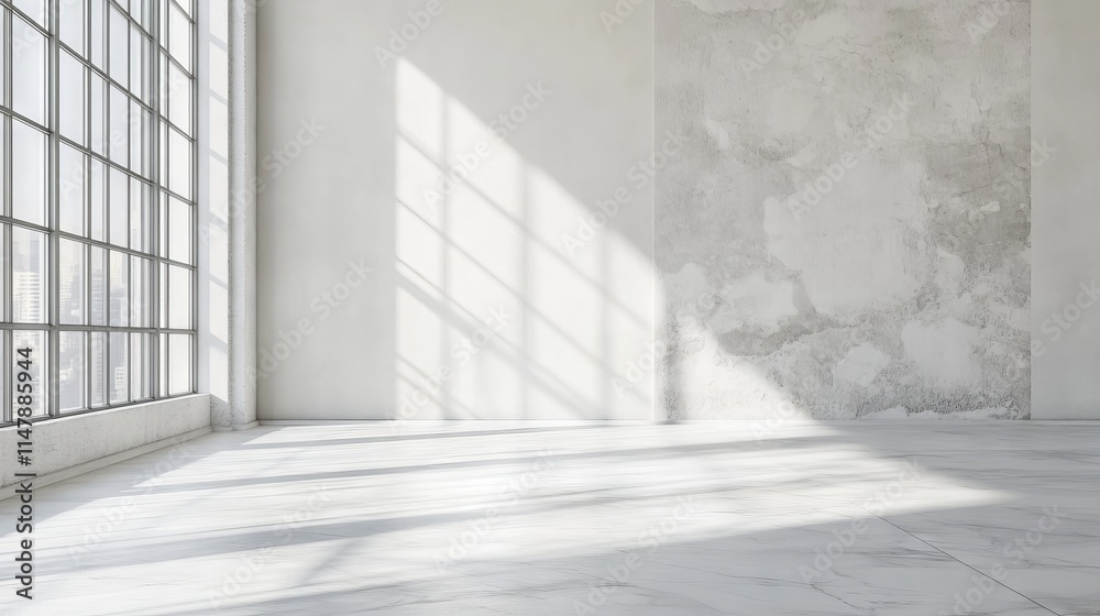 Obraz premium Bright minimalist interior featuring large windows, textured walls, and natural light creating a serene atmosphere.