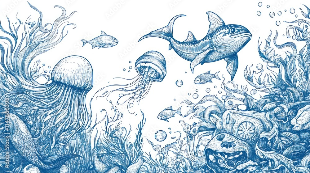 Fototapeta premium Underwater Ocean Life Ink Drawing: Jellyfish, Fish, and Coral Reef Illustration