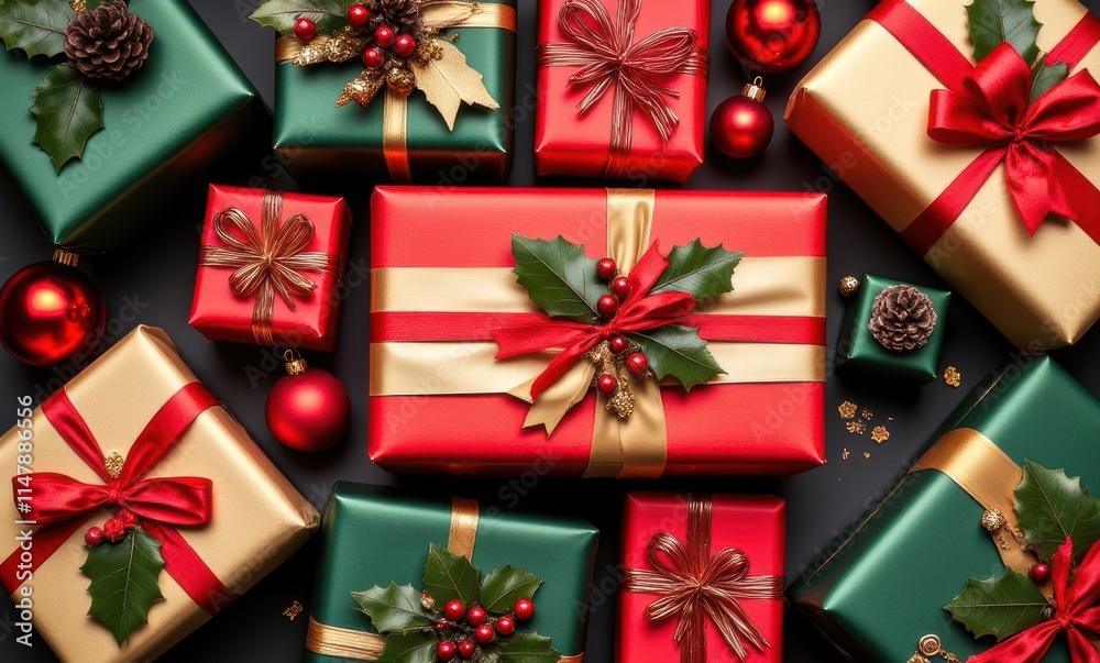 Festively wrapped holiday gifts on display Festively wrapped holiday gifts on display