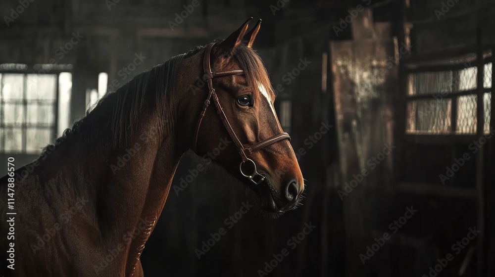 Fototapeta premium Beautiful Brown Horse Standing in a Rustic Stable Interior on a Sunny Day