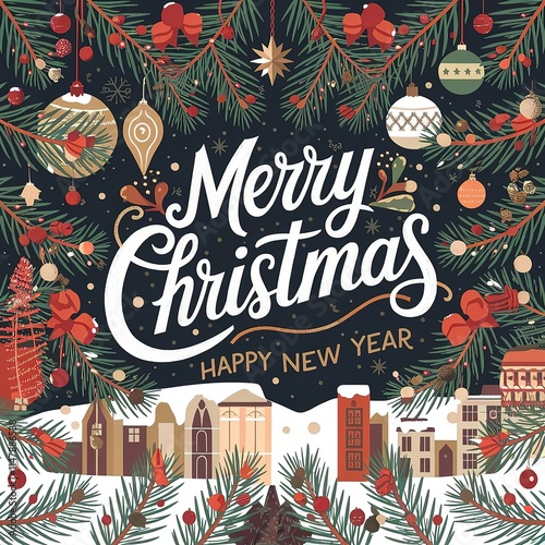Christmas tree branches with decorations ribbon. Merry christmas card. Winter holiday theme. Happy New Year