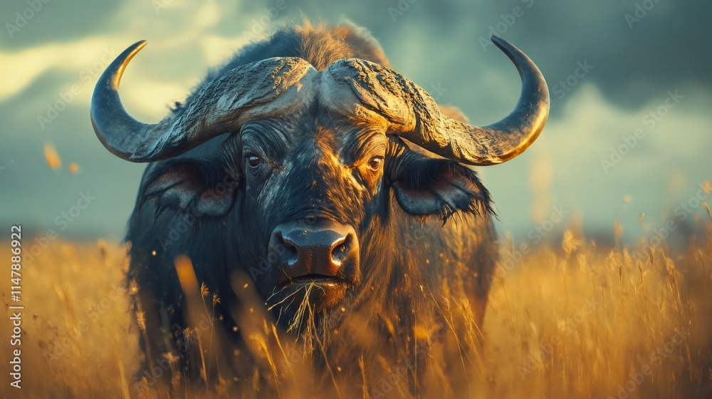 Majestic african buffalo grazing in golden savanna at sunset