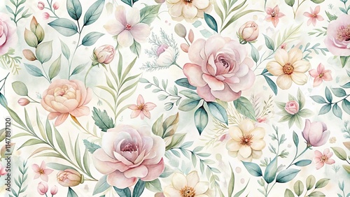 Elegant Watercolor Floral Pattern Featuring Delicate Roses and Blooms