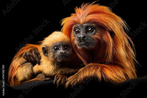 Golden lion tamarin monkey embracing its baby on black background photo