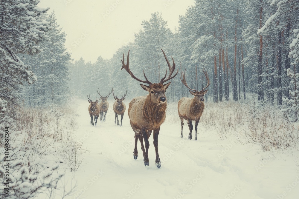 Noble deer walking in snowy winter forest road Noble deer walking in snowy winter forest road