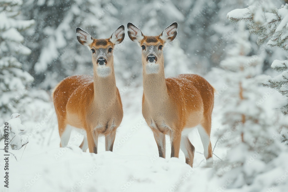 Two white-tailed deer fawns standing in snowy winter forest