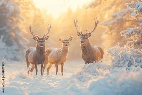 Majestic red deer family standing in snowy winter forest at golden sunrise