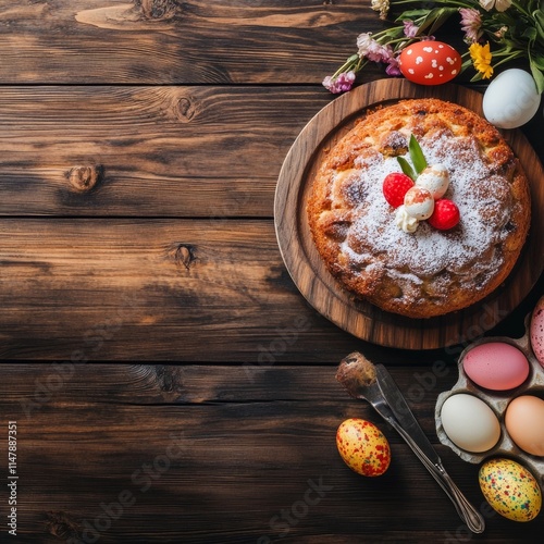 Rustic Easter meal: cake, eggs, hearty fare