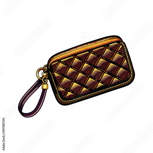 Elegant diamond-patterned wristlet; gleaming metallic accents; luxurious handbag; sophisticated detail; close-up view.