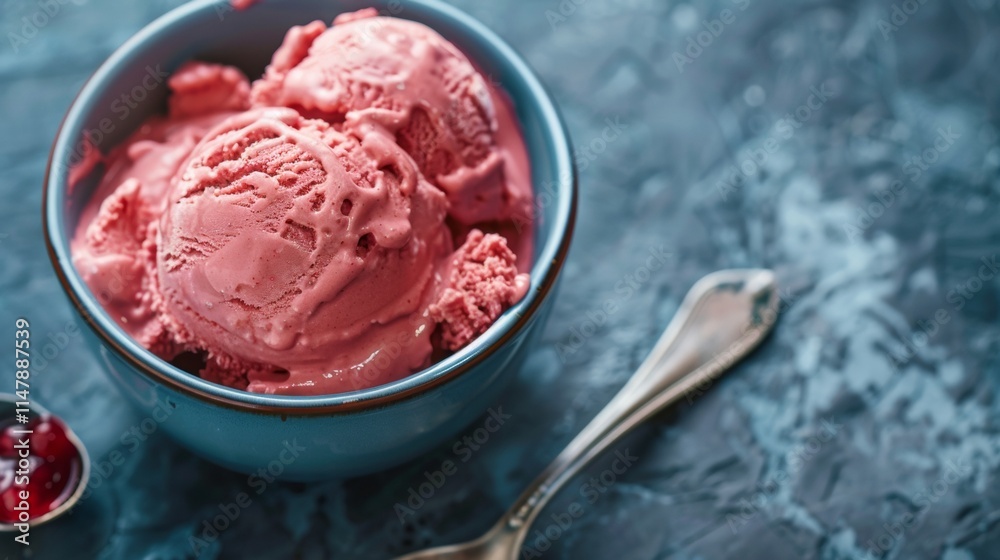 Bowl of Pink Ice Cream with Fresh Cherries
