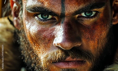 Intense close-up of a warrior with tribal markings and fierce gaze. photo