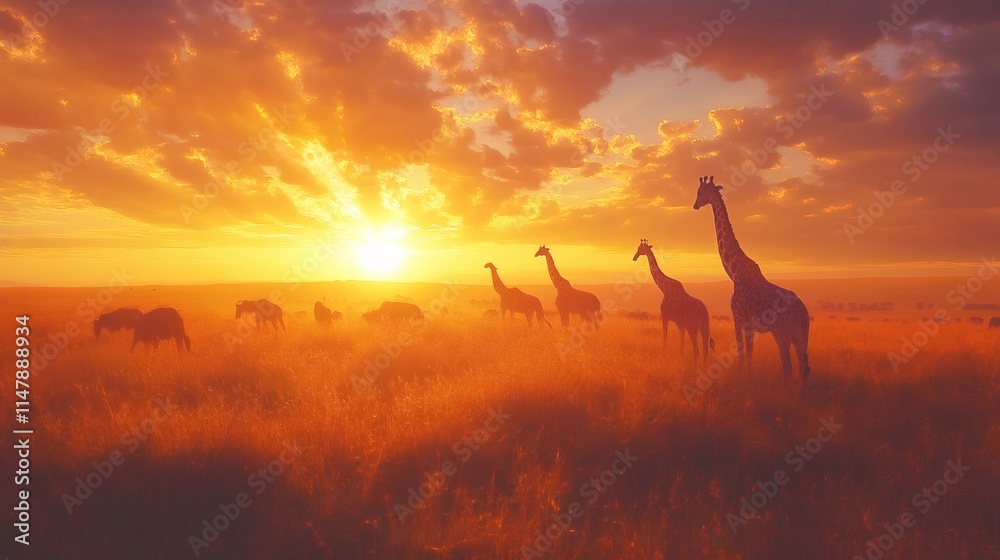 Giraffes and wildebeests enjoying golden sunset in african savanna Giraffes and wildebeests enjoying golden sunset in african savanna