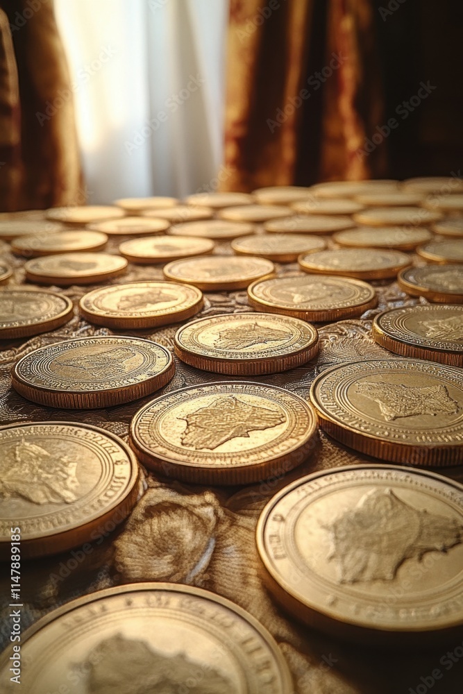 Close-up of numerous gold-colored coins arranged on a textured surface, illuminated by soft light from a window. Close-up of numerous gold-colored coins arranged on a textured surface, illuminated by soft light from a window.