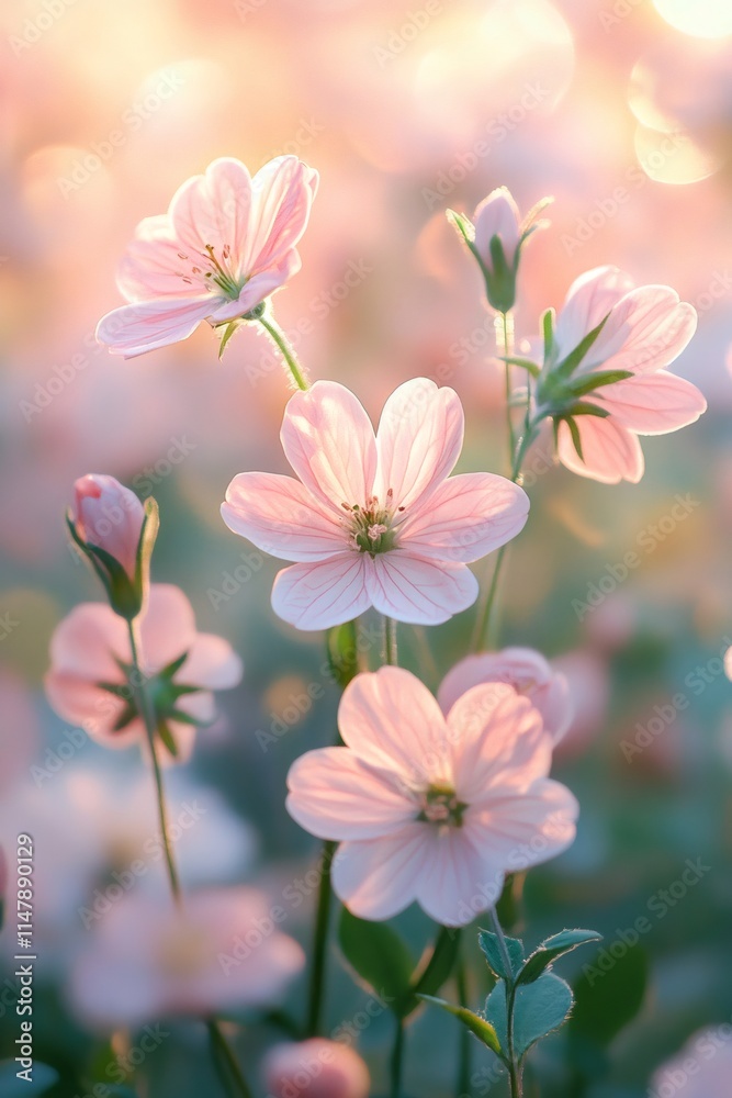 Fototapeta premium Delicate pink flowers blooming in soft sunlight