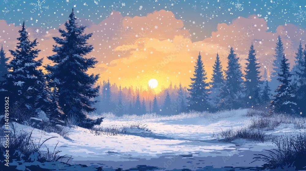 Snow falling on pine trees during golden hour sunset in winter wonderland Snow falling on pine trees during golden hour sunset in winter wonderland